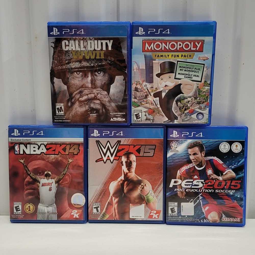 Lot Of 5 PS4 Games: COD WWII, Monopoly, NBA 2K14, WWE 2K15, PES 2015 Complete